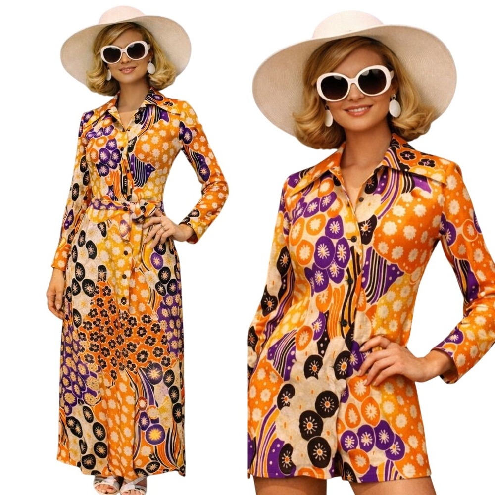 Mister Remo Womens Playsuite Maxi Skirt Set 60's‎ Psychedelic Dagger Collar Sm